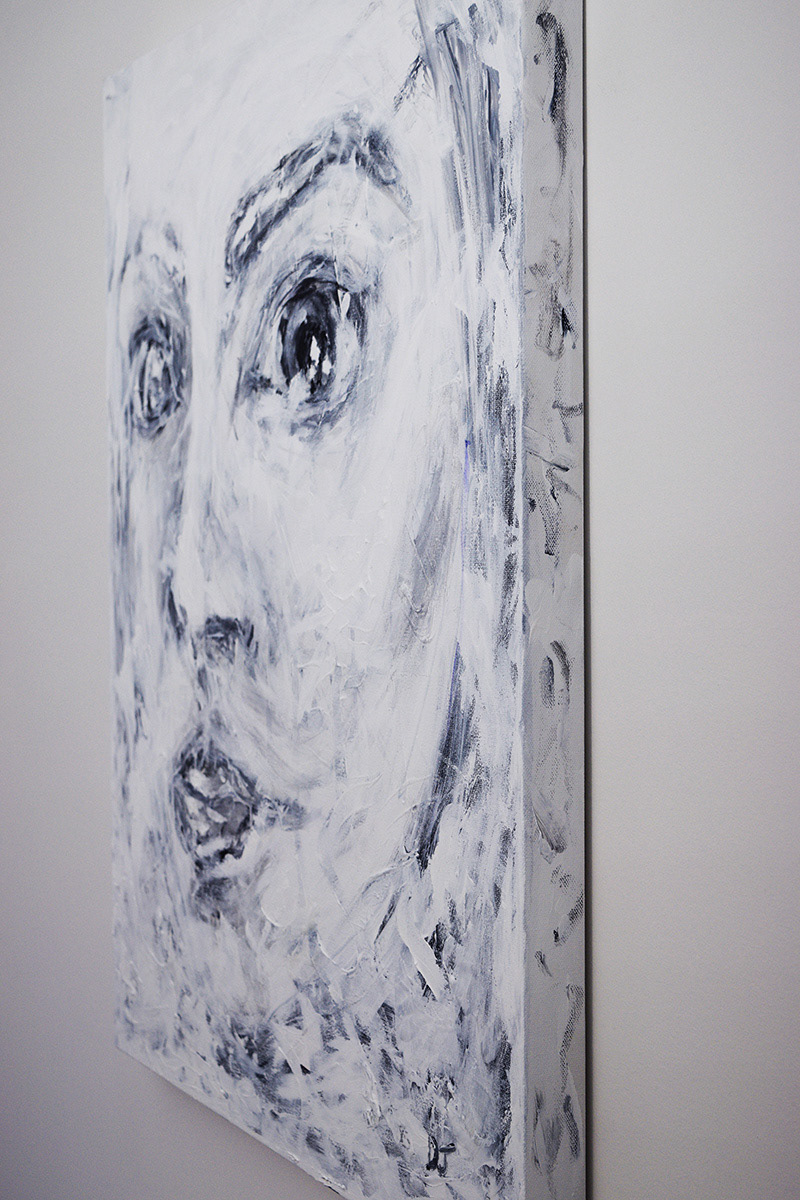 Black and white acrylic portrait of a woman on canvas