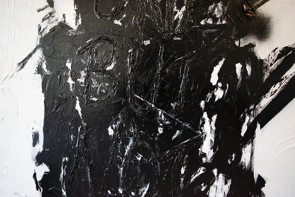 Black and white abstract painting of a human figure