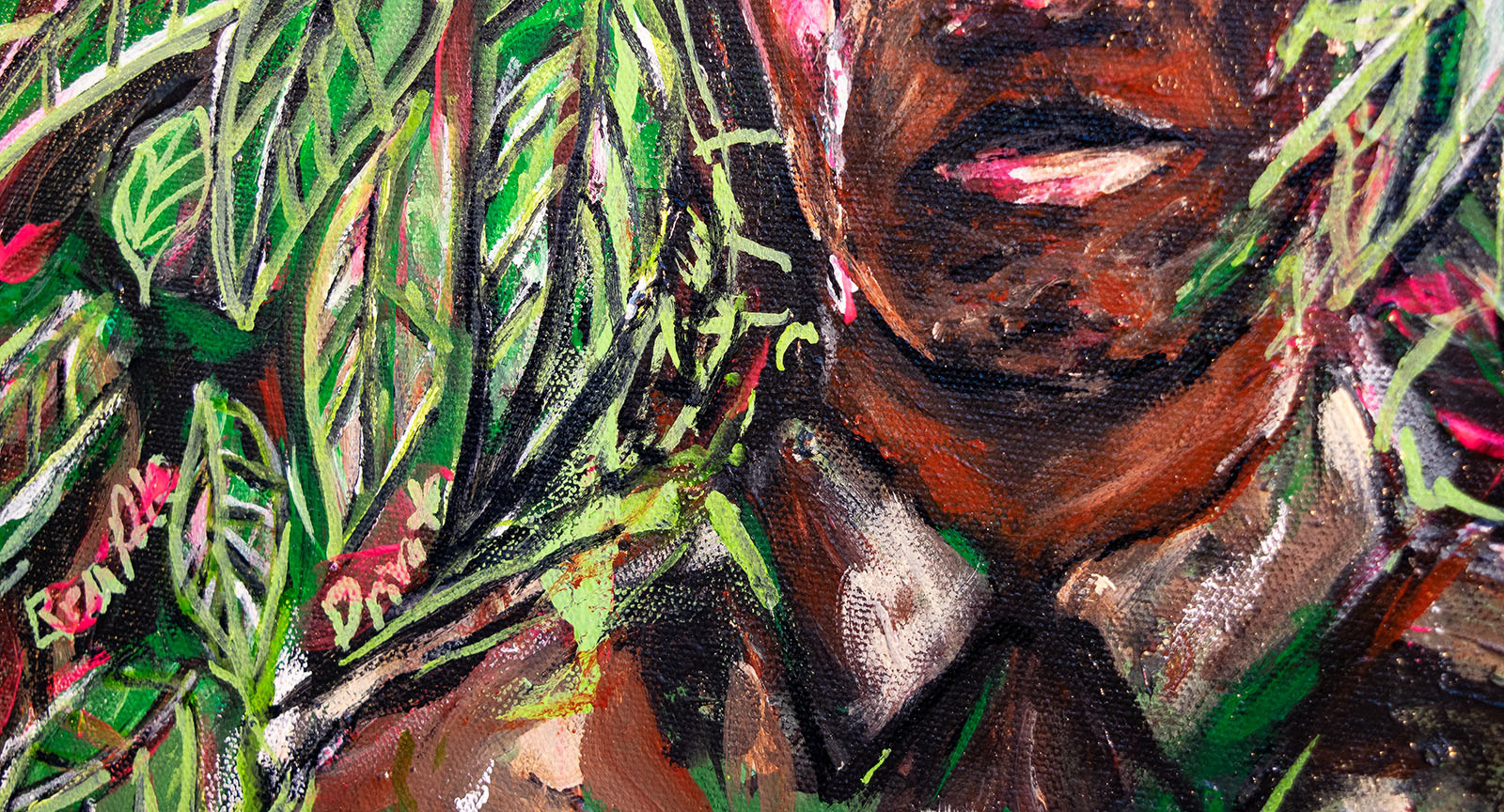 Painting of bald young soldier in front of loquat trees