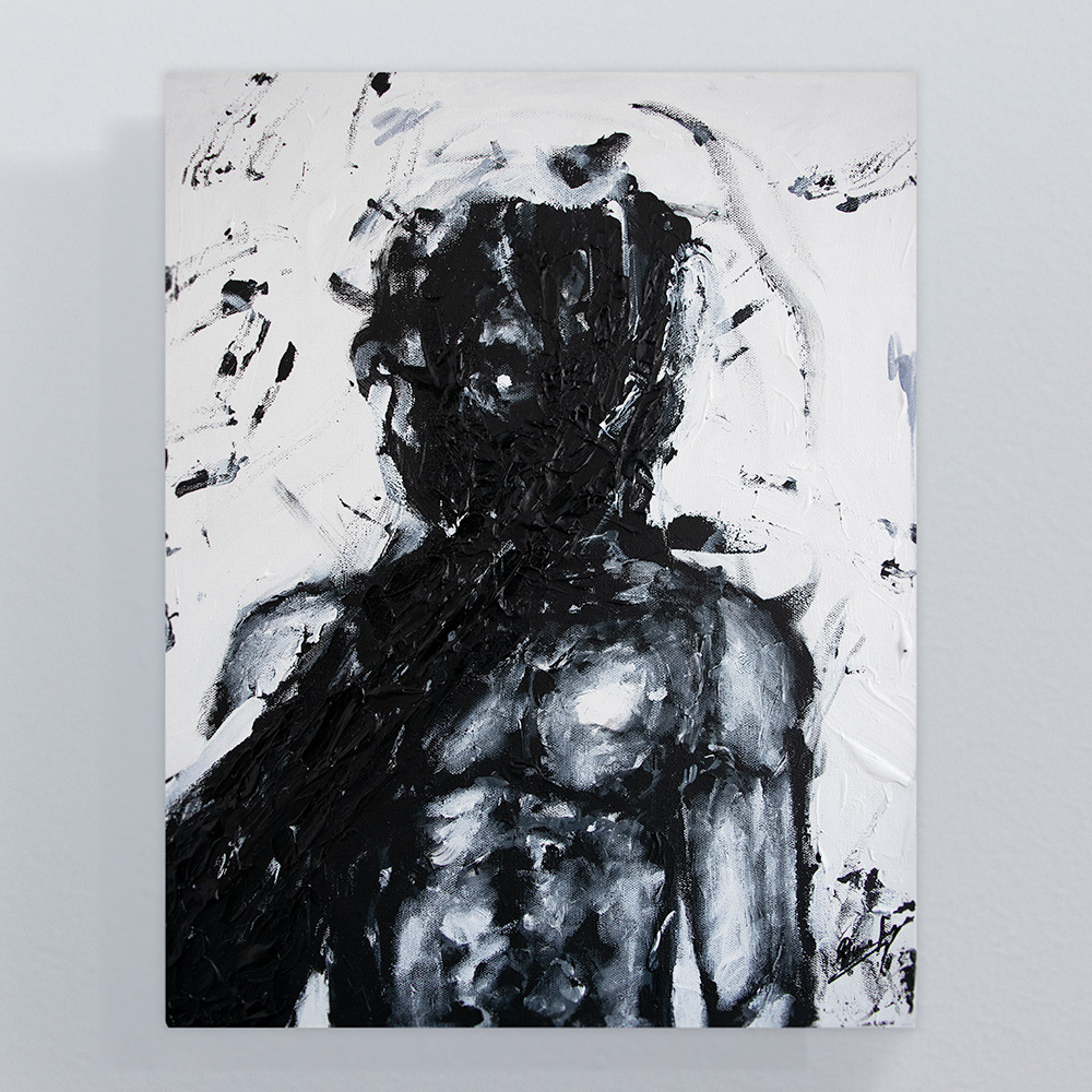 A dark hand engulfs a shirtless male figure
