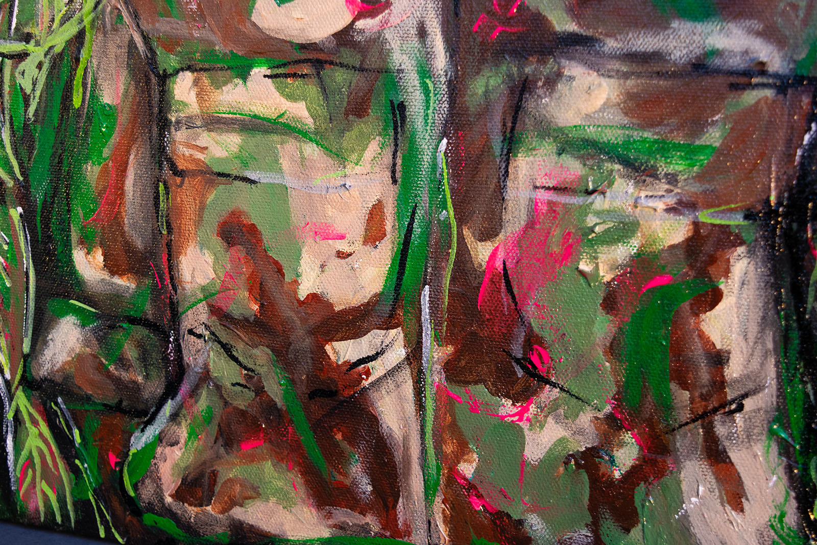 Painting of bald young soldier in front of loquat trees