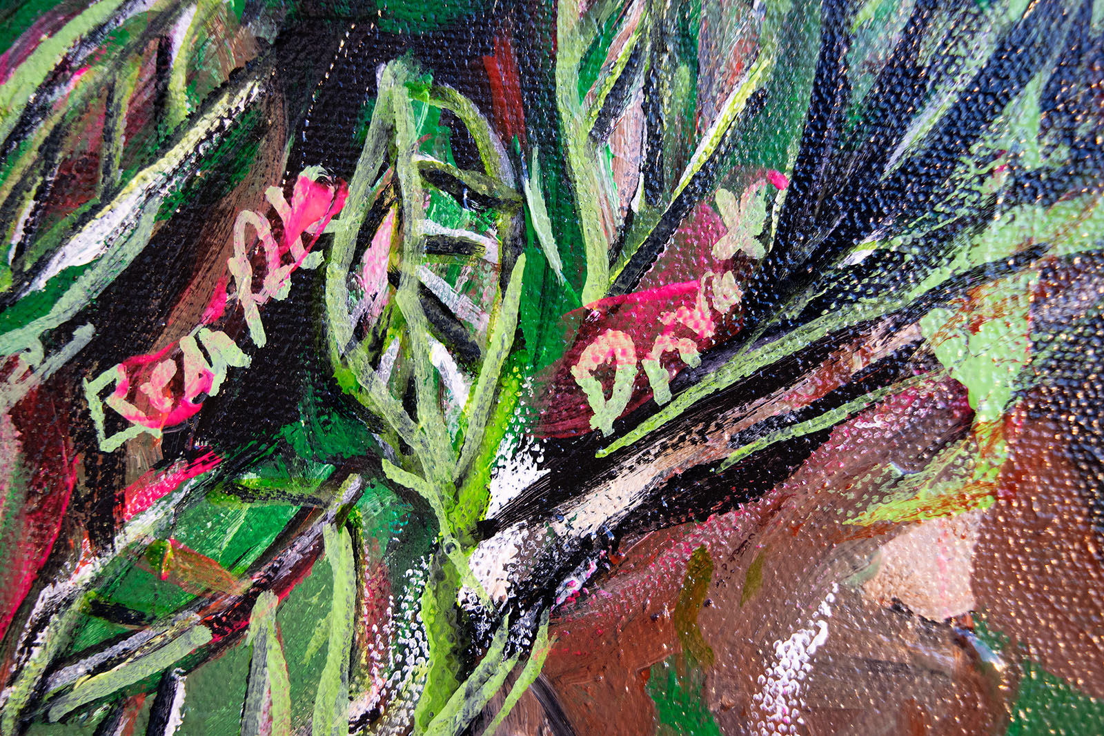 Painting of bald young soldier in front of loquat trees