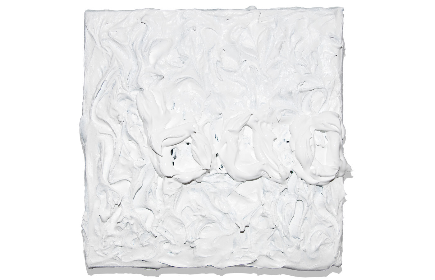 Heavily textured all white abstract painting of the word baa