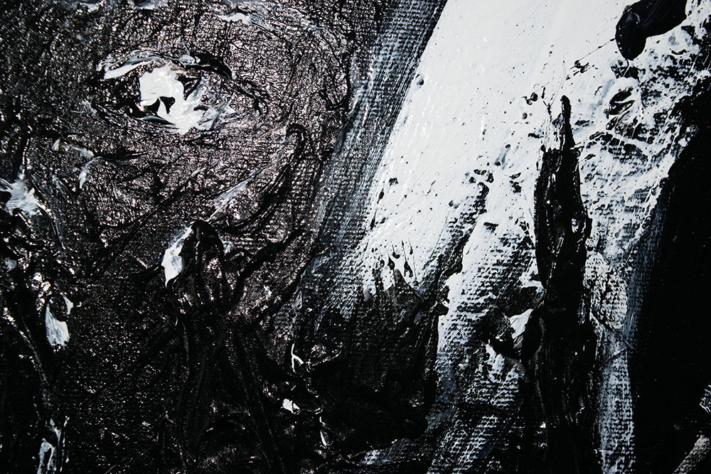 Black and white abstract painting of a human figure