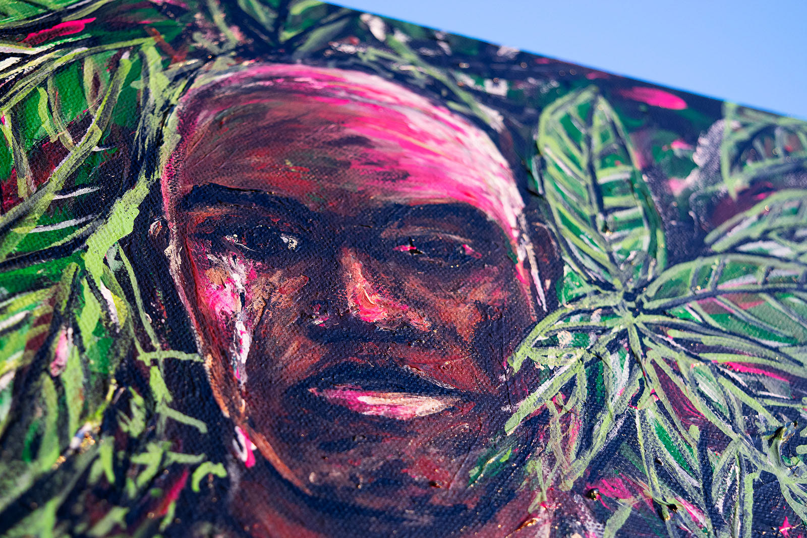Painting of bald young soldier in front of loquat trees