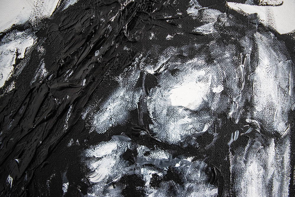 A dark hand engulfs a shirtless male figure in a black and white semi-abstract painting