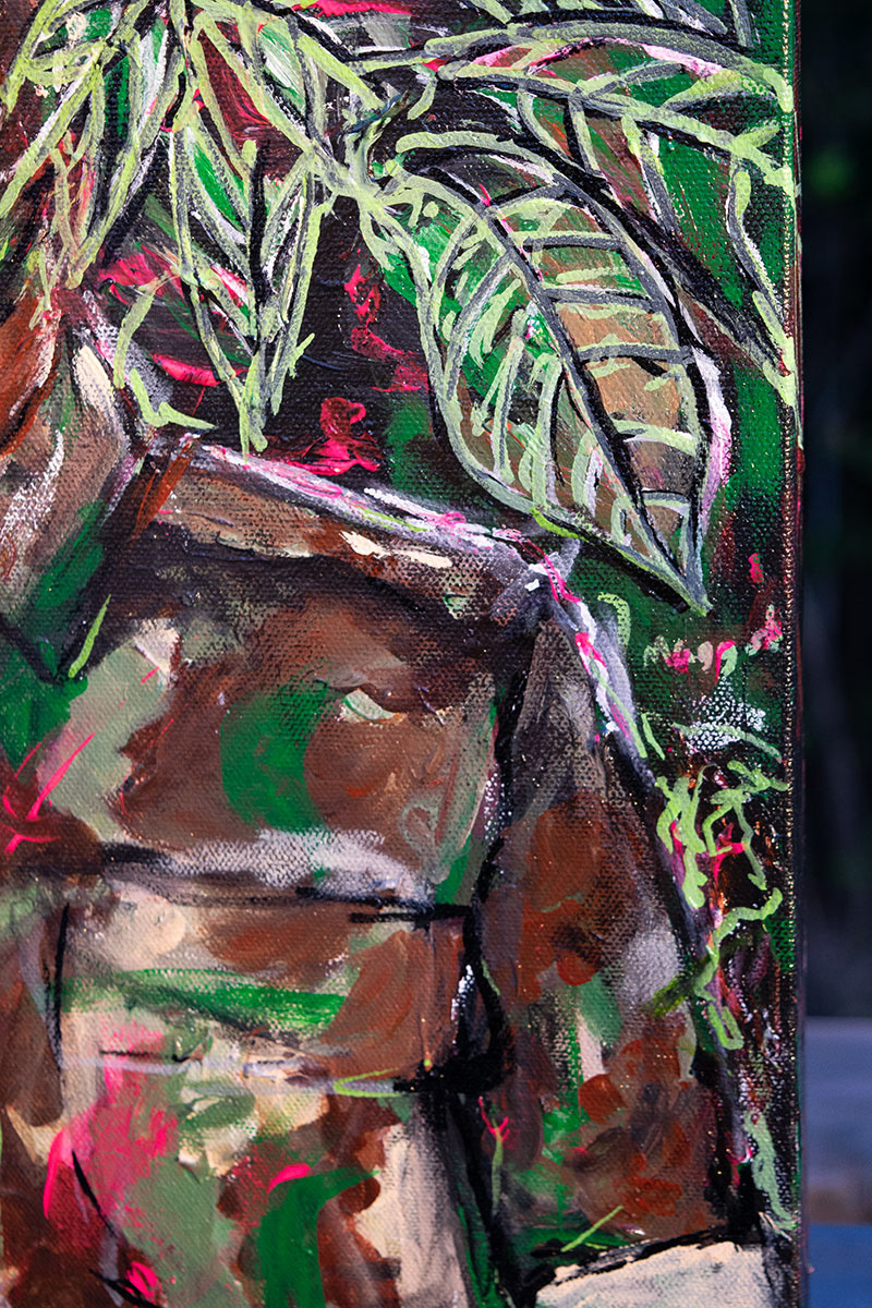 Painting of bald young soldier in front of loquat trees