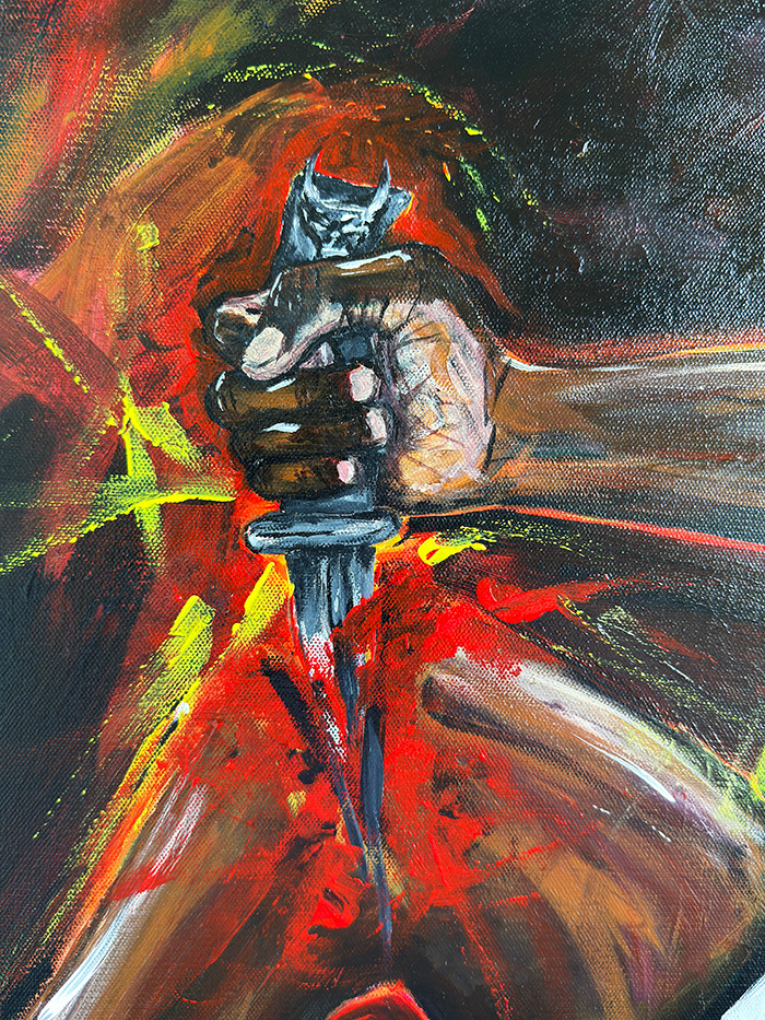 Painting of a basketball player stabbing himself in the knee