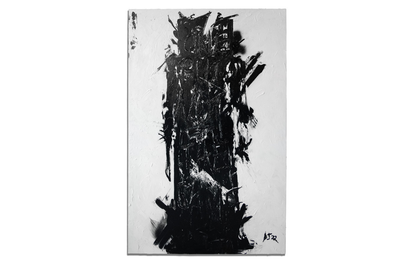 Black and white abstract painting of a human figure