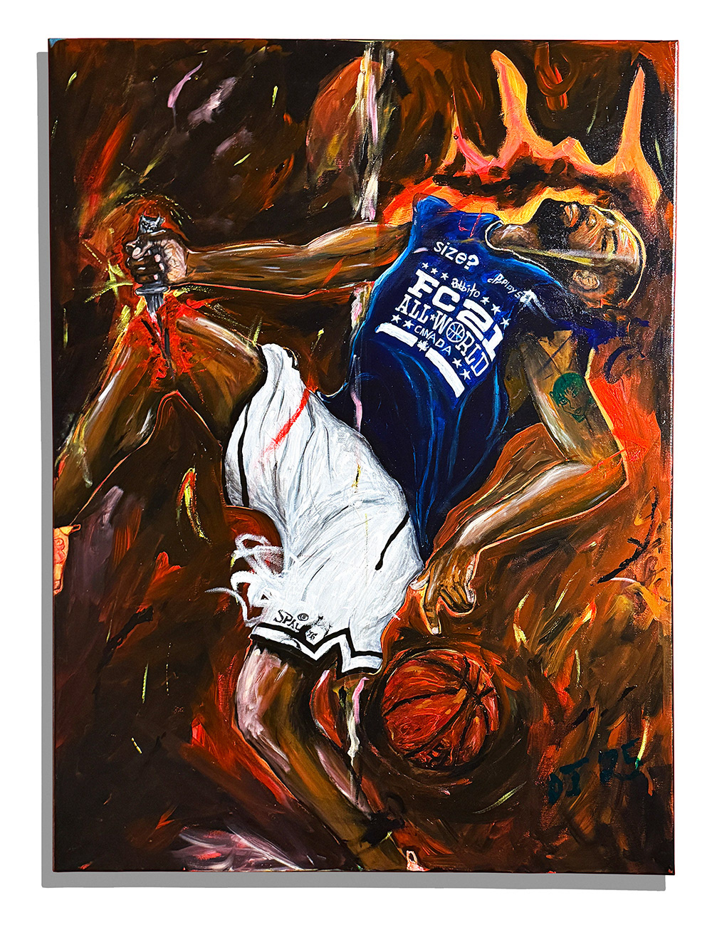 Painting of a basketball player stabbing himself in the knee