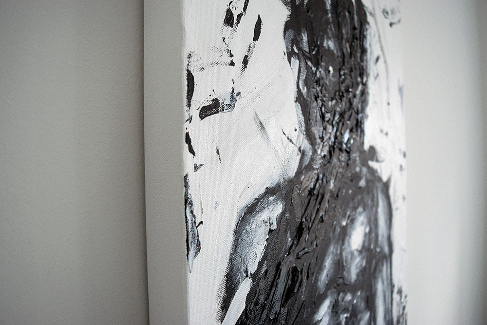 A dark hand engulfs a shirtless male figure in a black and white semi-abstract painting