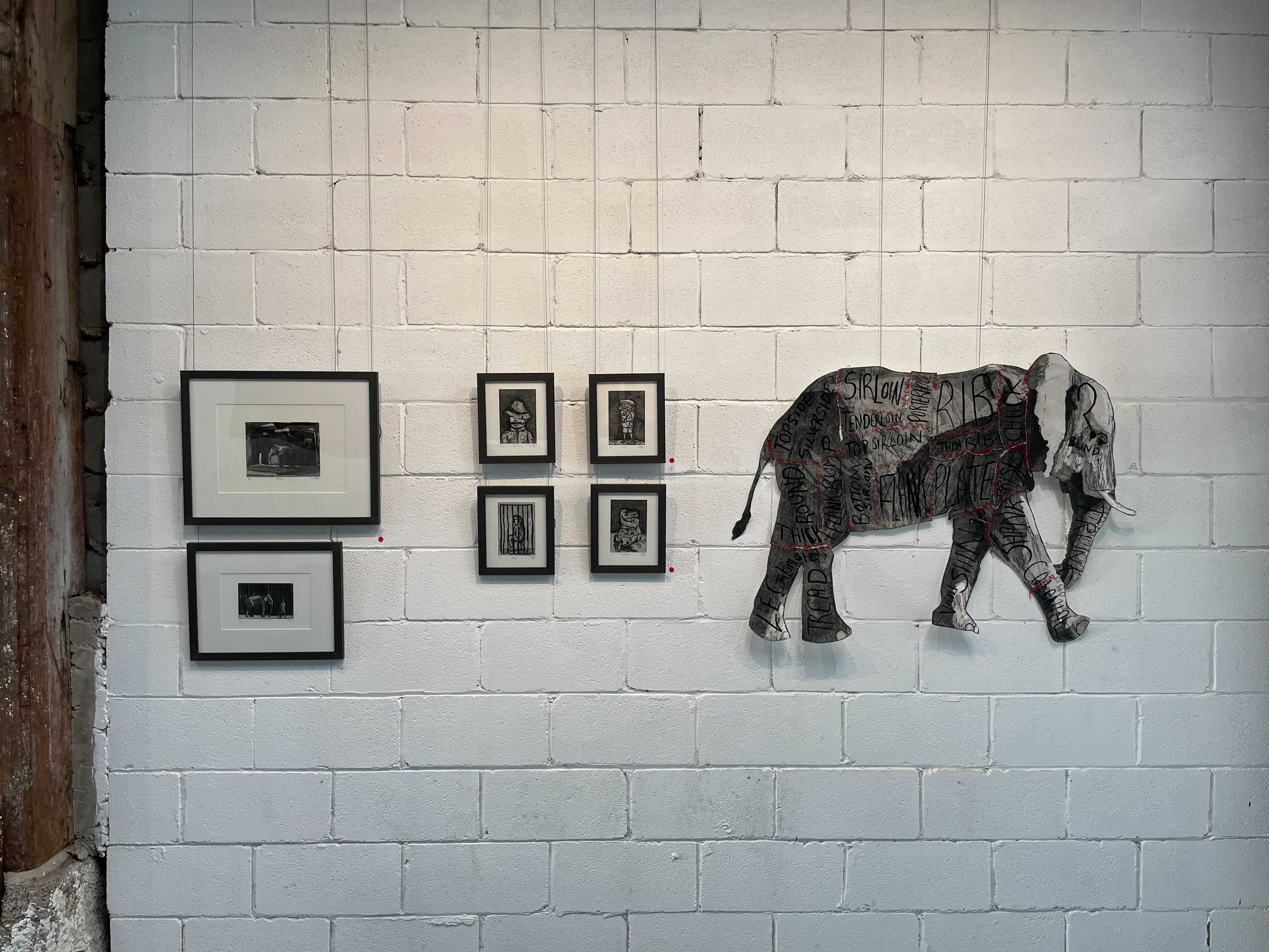 Prime elephant cuts (right). digital print on Ilford Washi Torinoko, torn, hand stitched, brush and ink