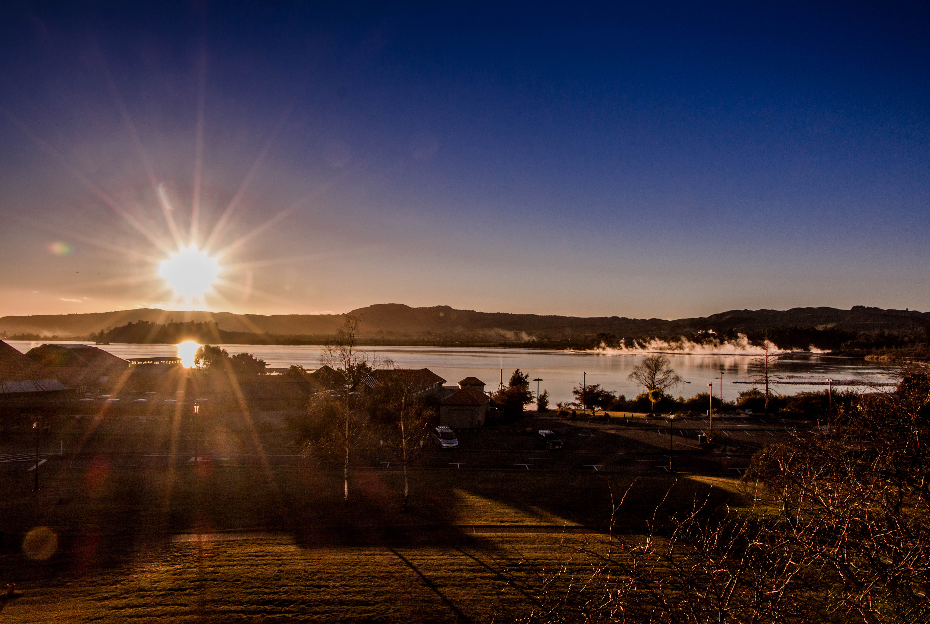 lac de rotorua, nuit, lac, nouvelle zélande, vapeur