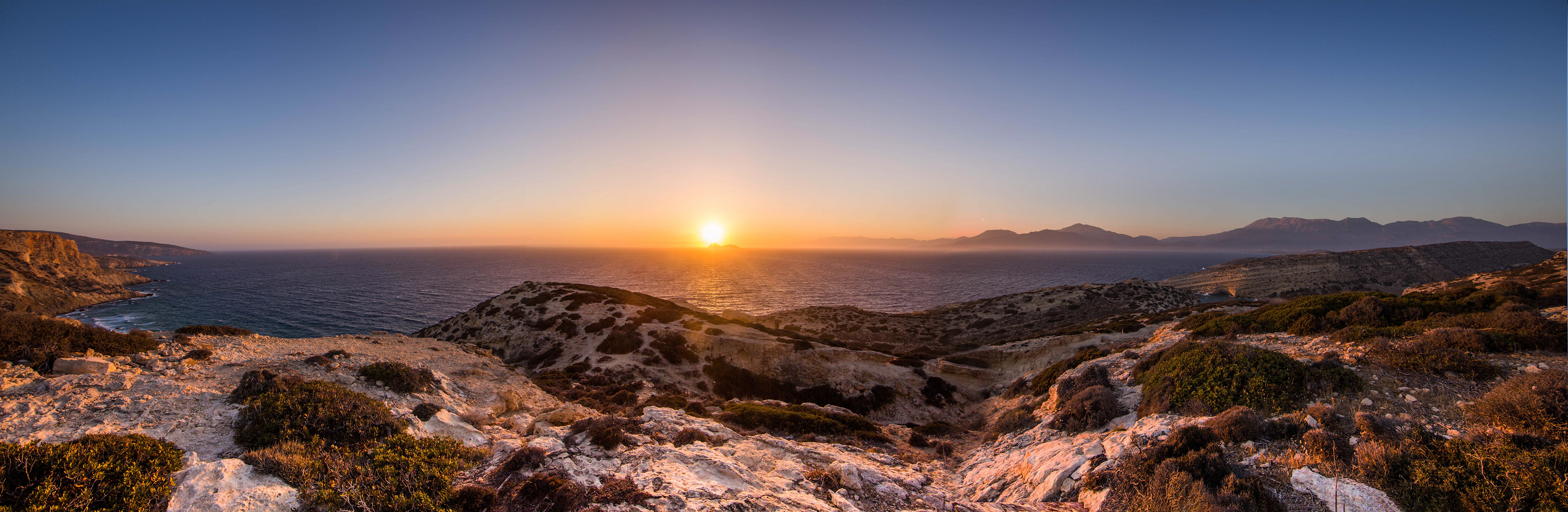 eaux turquoises, mer, rocher, Red Beach, Matala, coucher de soleil, panoramique