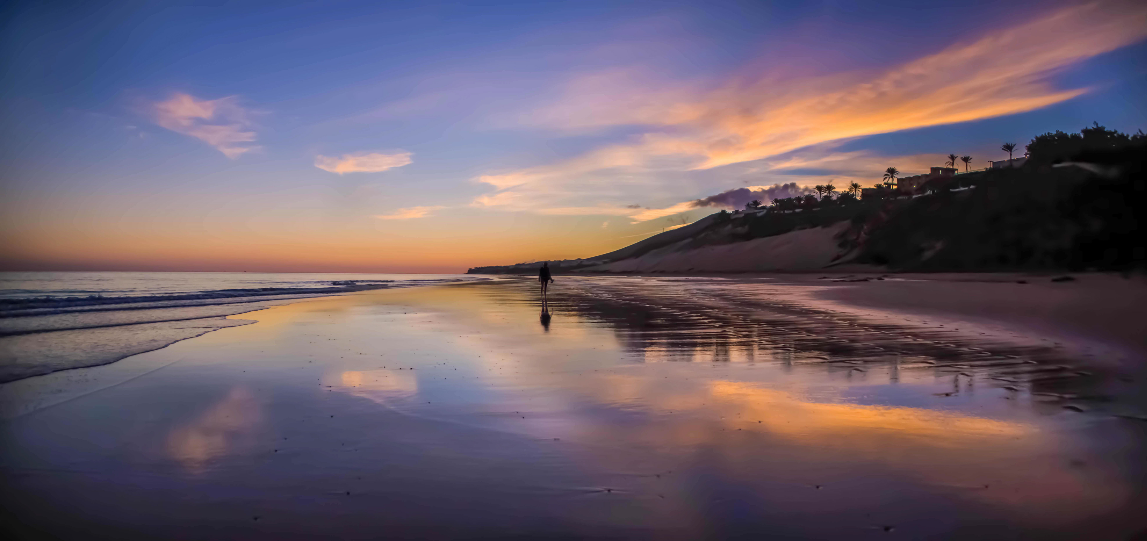plage de fuerteventura, coucher de soleil, mer, multicolore, vague, promeneur, playa salvaje