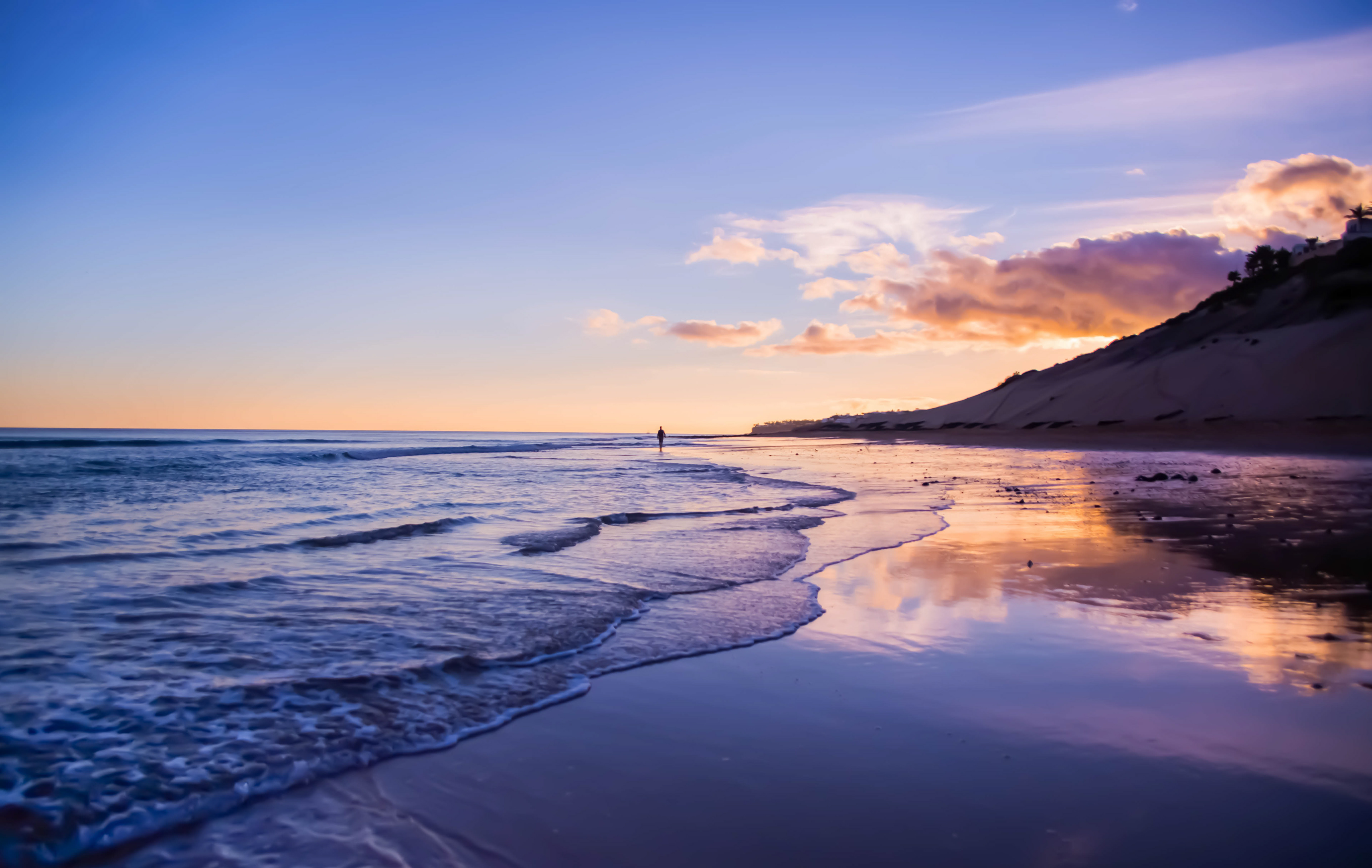 plage de fuerteventura, coucher de soleil, mer, multicolore, vague, promeneur, playa salvaje