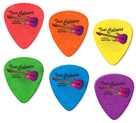 'True Colours Custom guitars' six guitar picks mockup