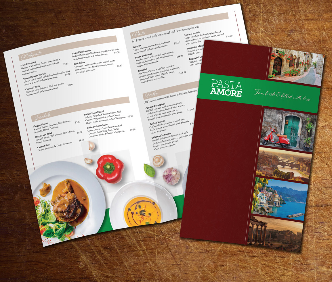 Cover and sample spread of the 8-page menu