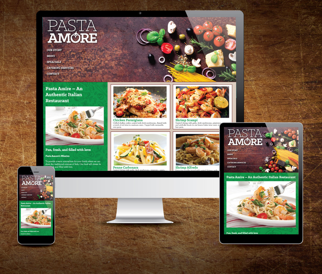 Website mockups of the home page for desktop and mobile devices