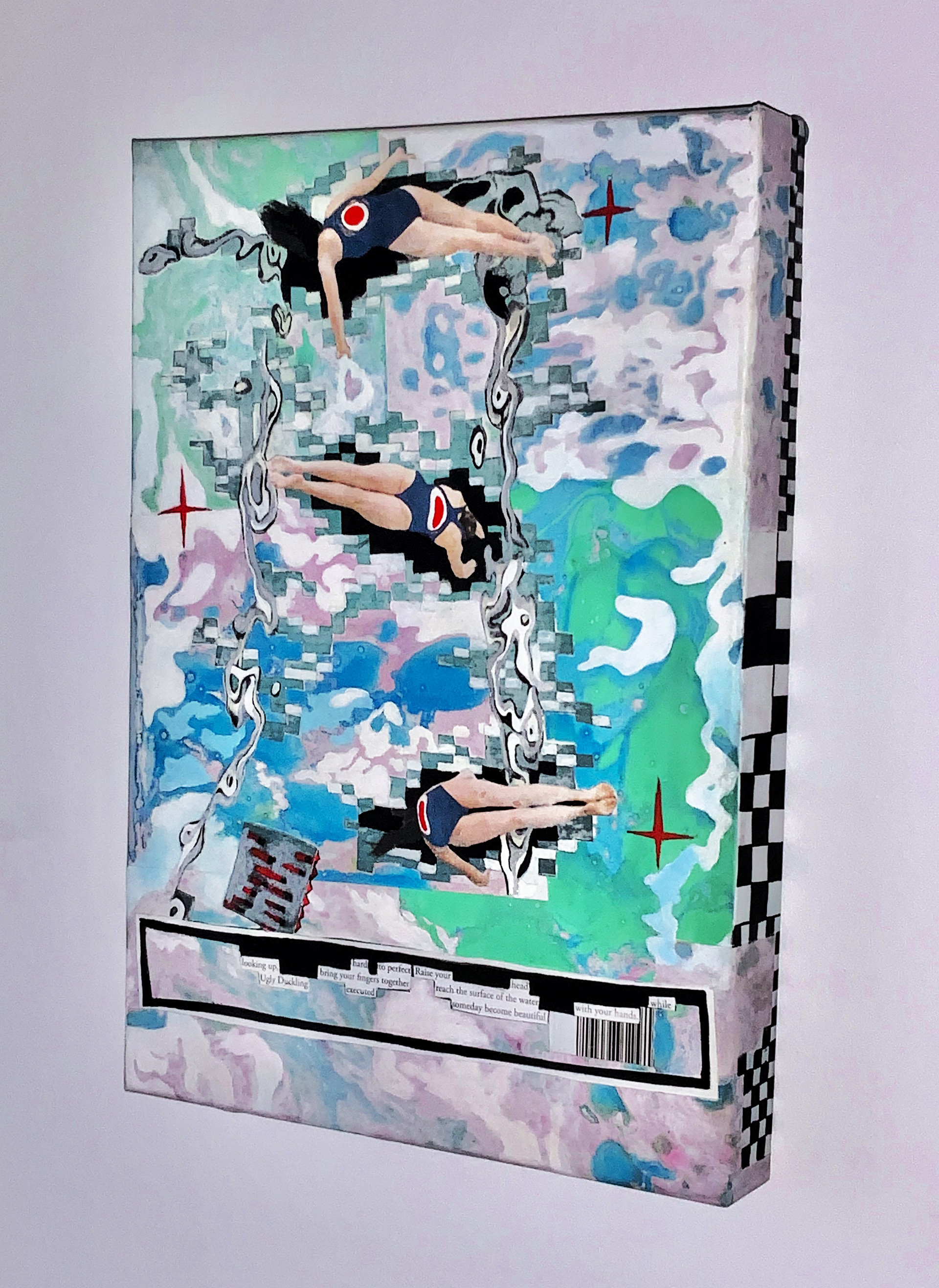 My exhibition piece titled 'Digital Escape' (2022) Oil marbling, collage, paint.