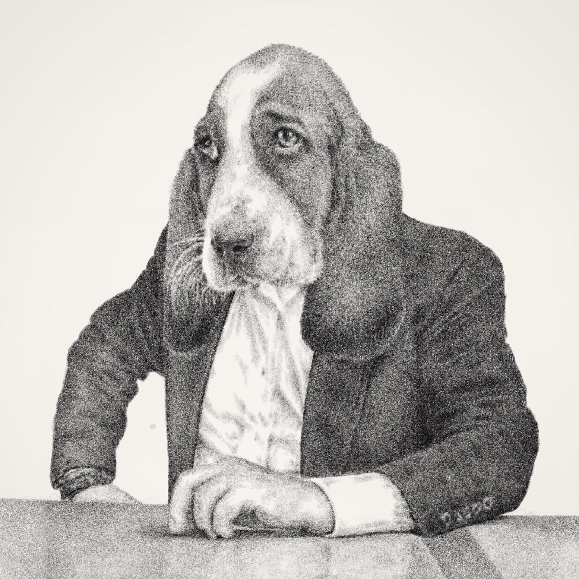 Head of basset on body of Anthony Hopkins