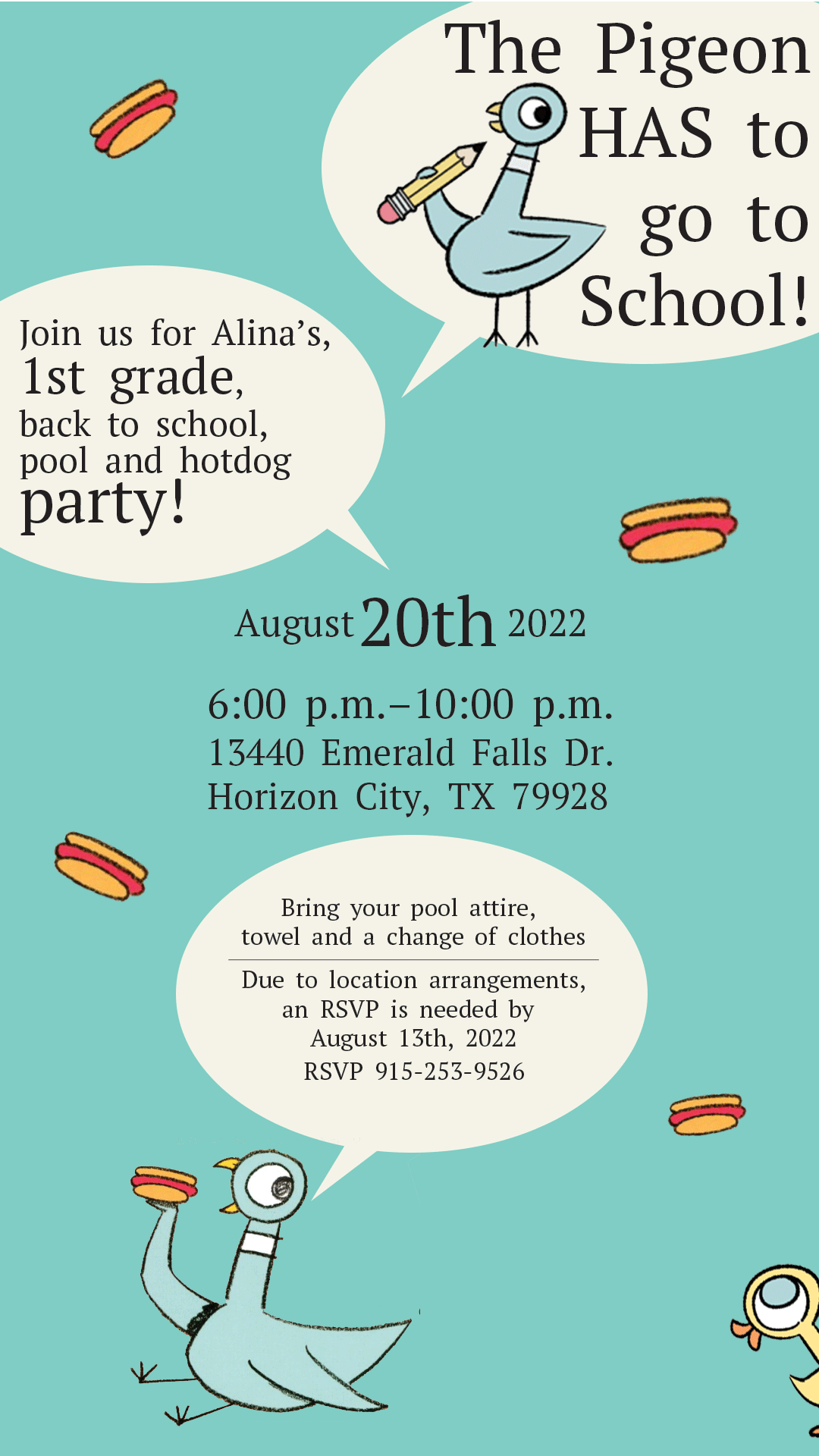 Invite based on the characters by Mo Willems