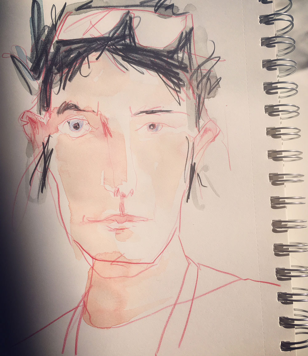 louise morgan, self portrait illustration in pencil and watercolour