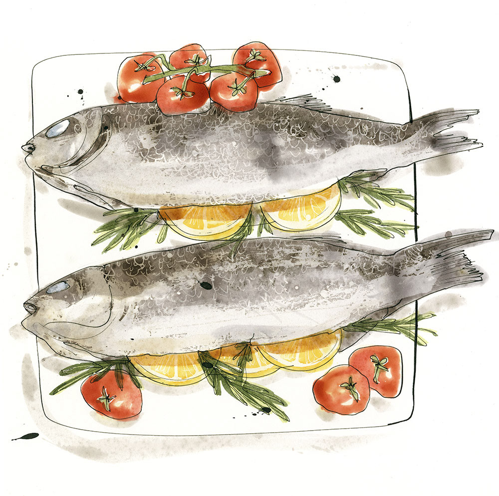 magazine illustration of baked sea bass with roasted cherry tomatoes and lemon