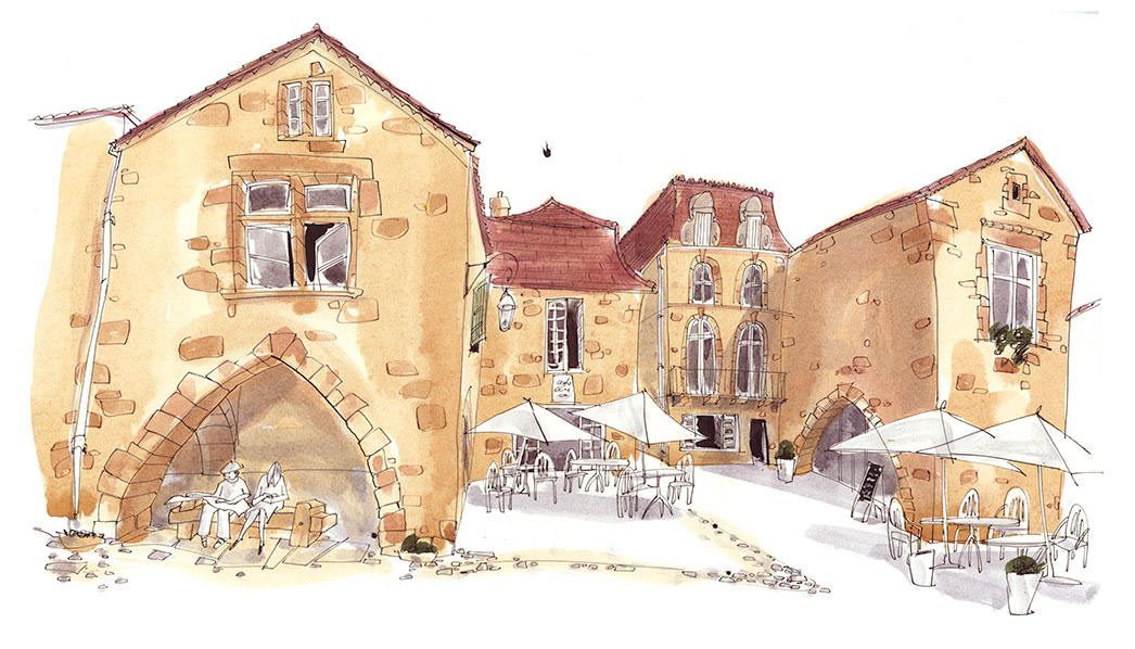 illustration of typical buildings in the dordogne, france