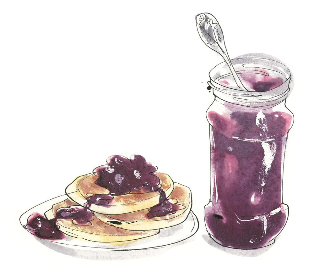 colourful pen and ink illustration for a black cherry conserve recipe     