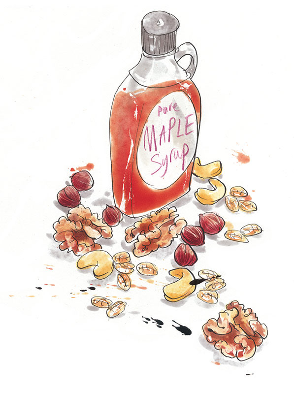 illustration of maple syrup with an assortment of scattered nuts for a granola recipe
