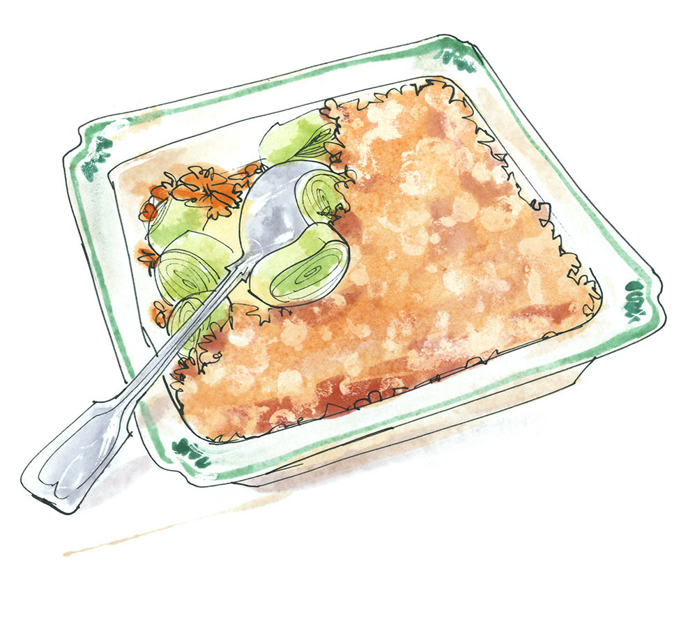 illustration of leek and walnut crumble