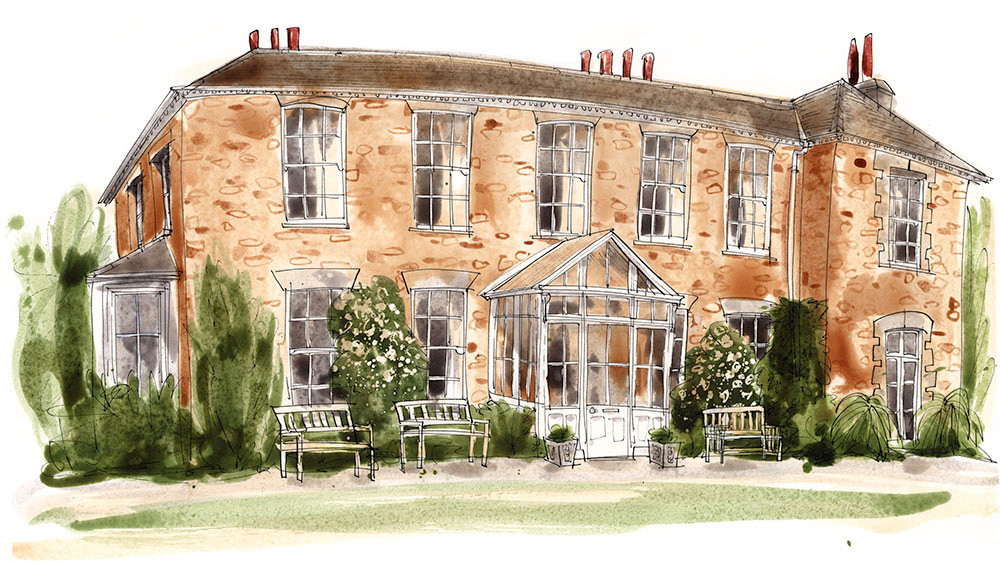 architectural illustration in pen and ink of duloe manor in cornwall