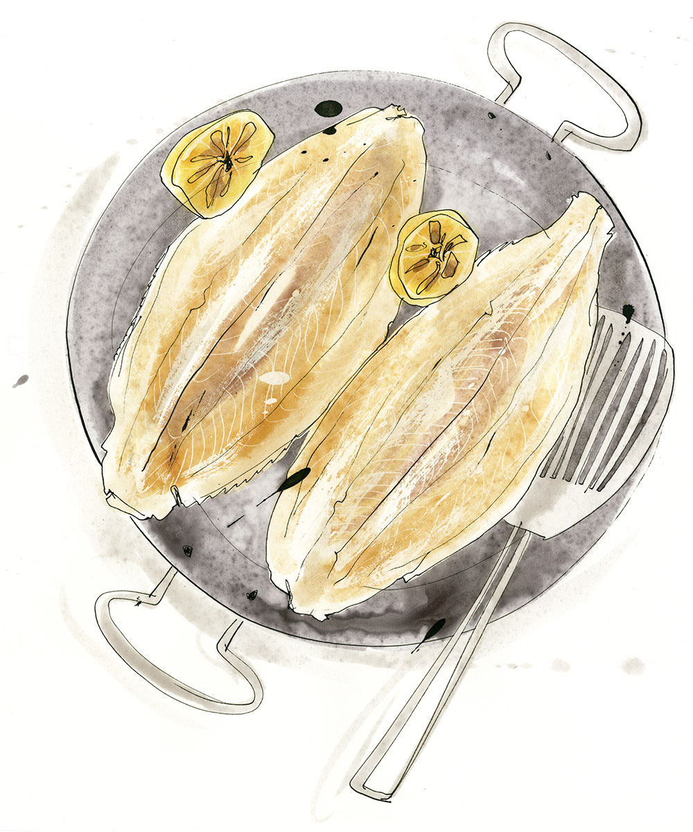 magazine illustration of pan fried sole with lemon