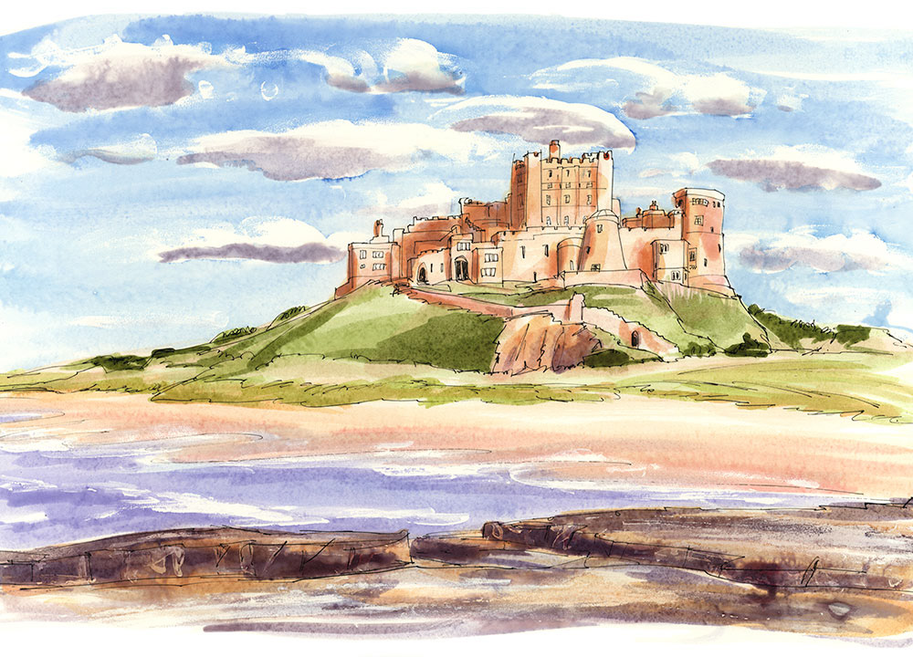 pen and ink illustration of a castle by the sea
