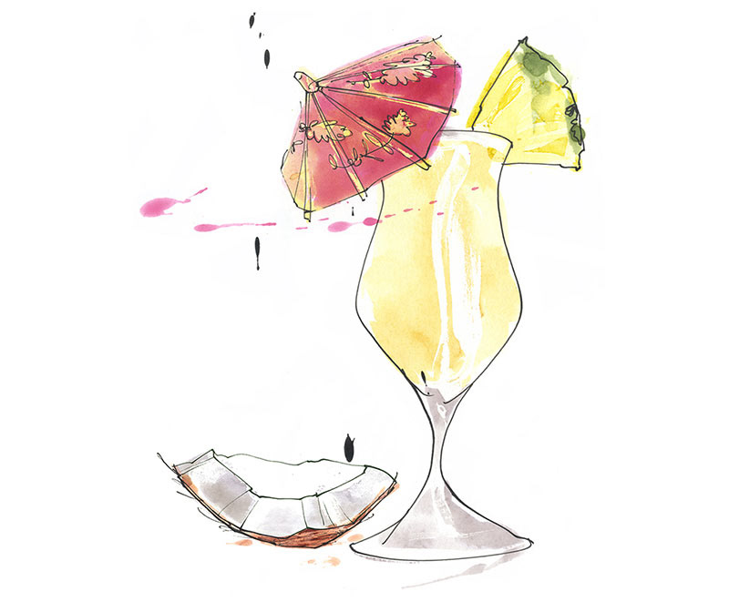 pina colada cocktail, a glass with cocktail umbrella, slice of pineapple and chunk of coconut beside