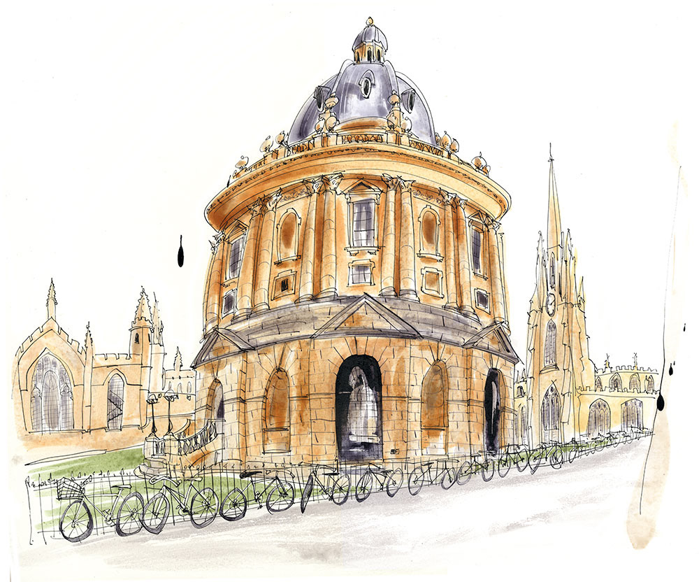 pen and ink illustration of the radcliffe camera building in oxford