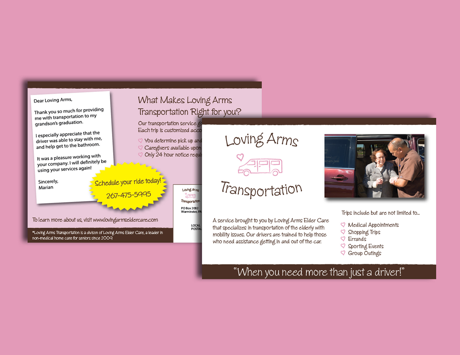 Panel insert advertisement for Loving Arms Transportation.
