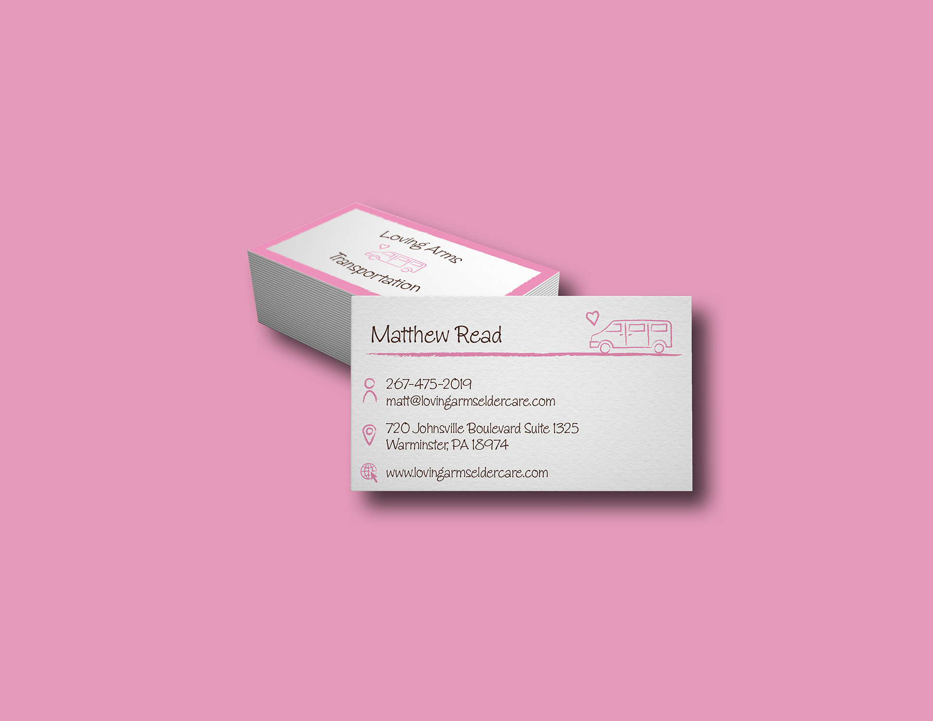 Business card created for employees of Loving Arms Transportation. Sharing phone number, email, location of office and website.