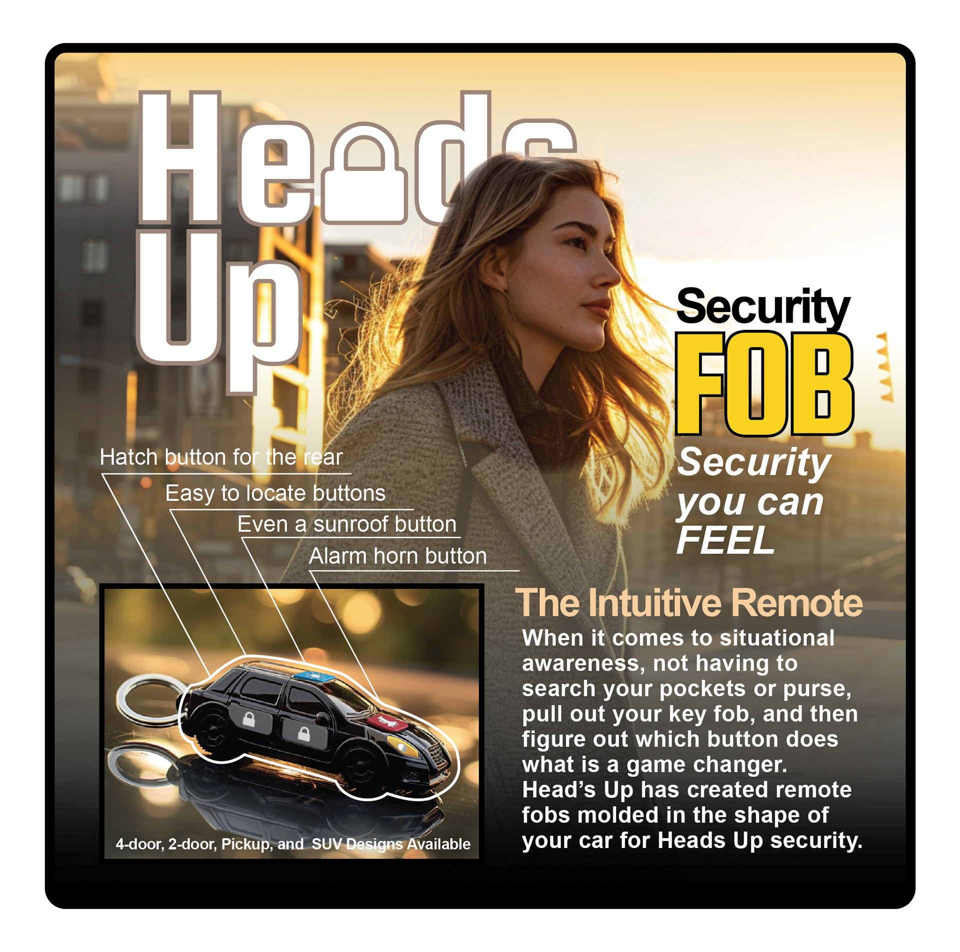 Remote fob concept. Model and background created in MidJourney. Logo, text, layout done using Adobe Illustrator.