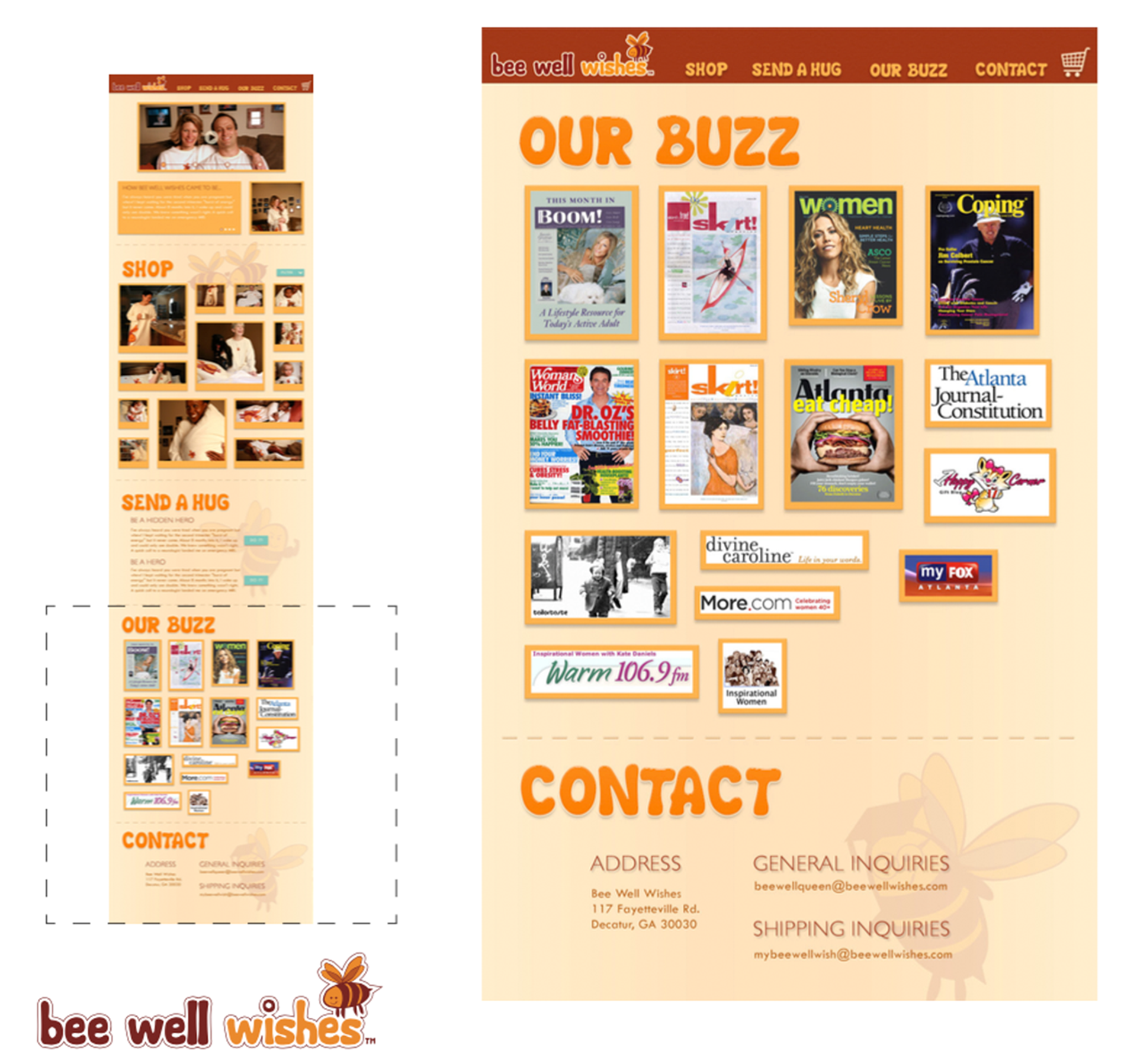 Site mock up featuring the "buzz" and contact sections
