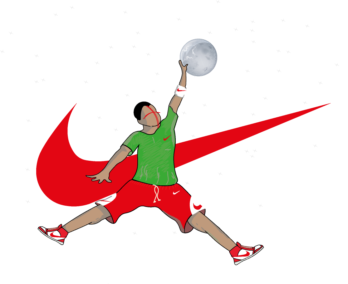 inspired by advertising  campaign of jordan 1.  they suggested that they  are so light that you can  jump higher, in my  illustration I suggested  that you can jump so much that you can reach  the moon.