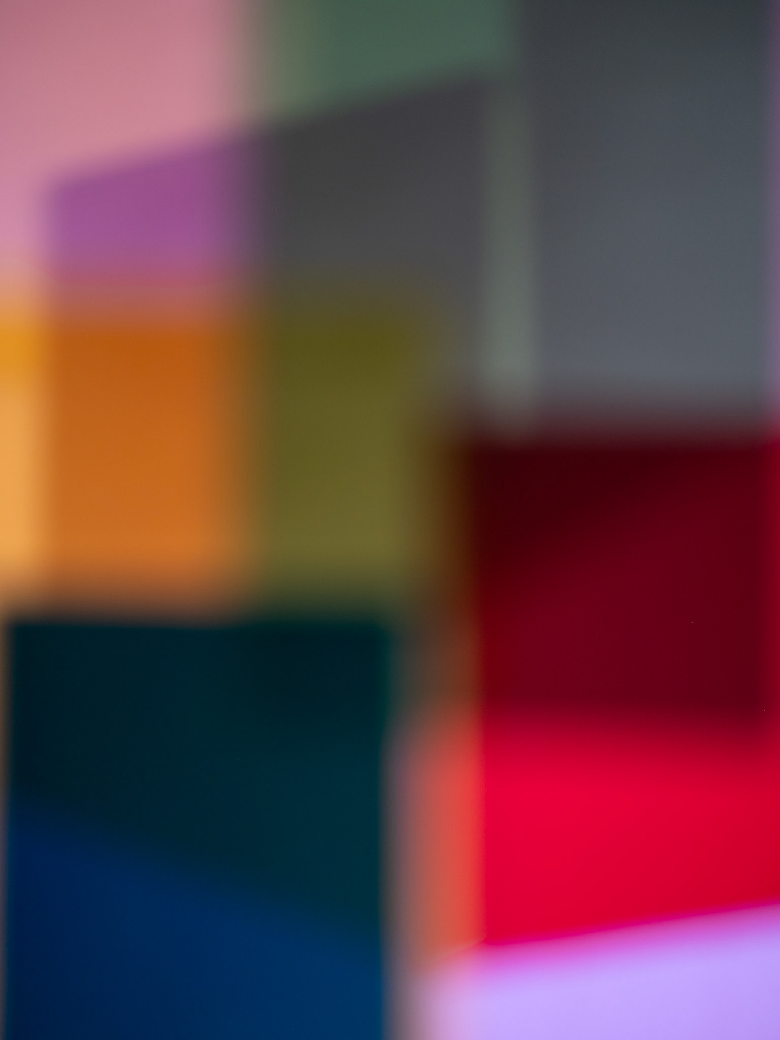 Melting Pot III — overlapping grey, green, pink, orange, blue and red rectangles.