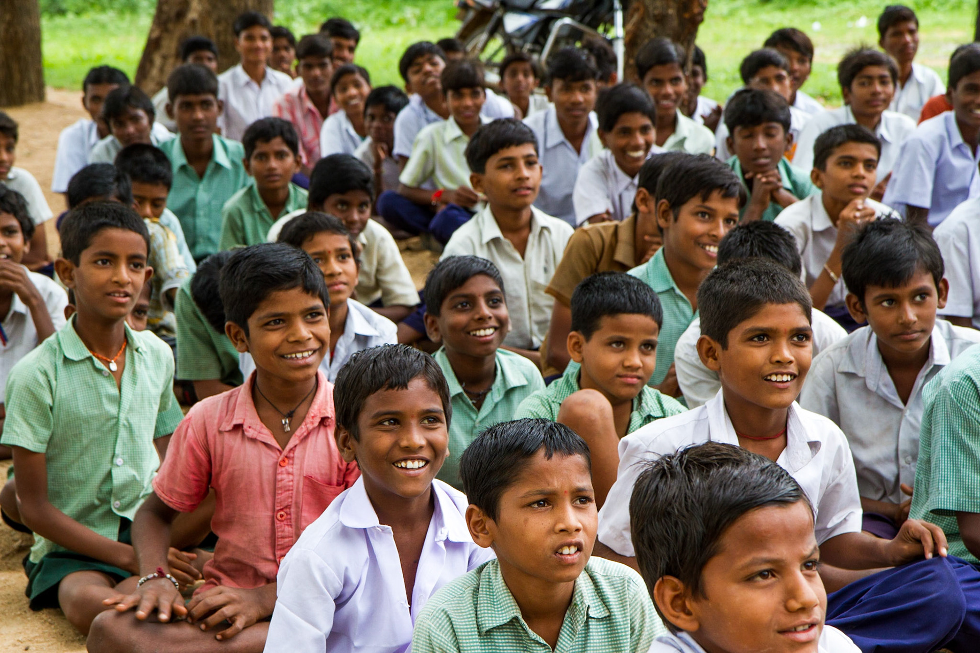 Andhra Pradesh, India. Children gather outside of the school building for a question and answer session about climate change. Taken on September 5, 2012.