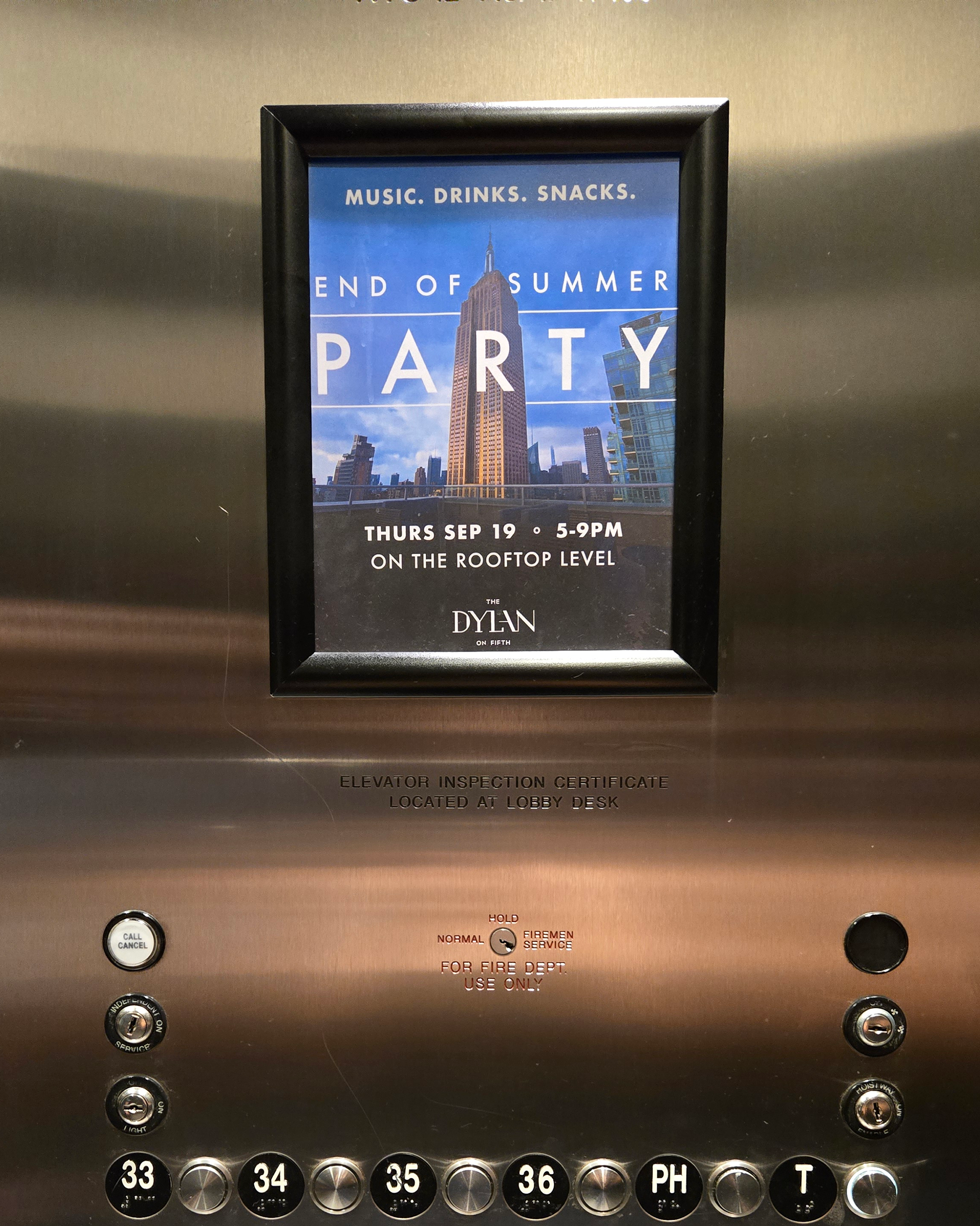 Printed flyer, placed on elevator in residence building