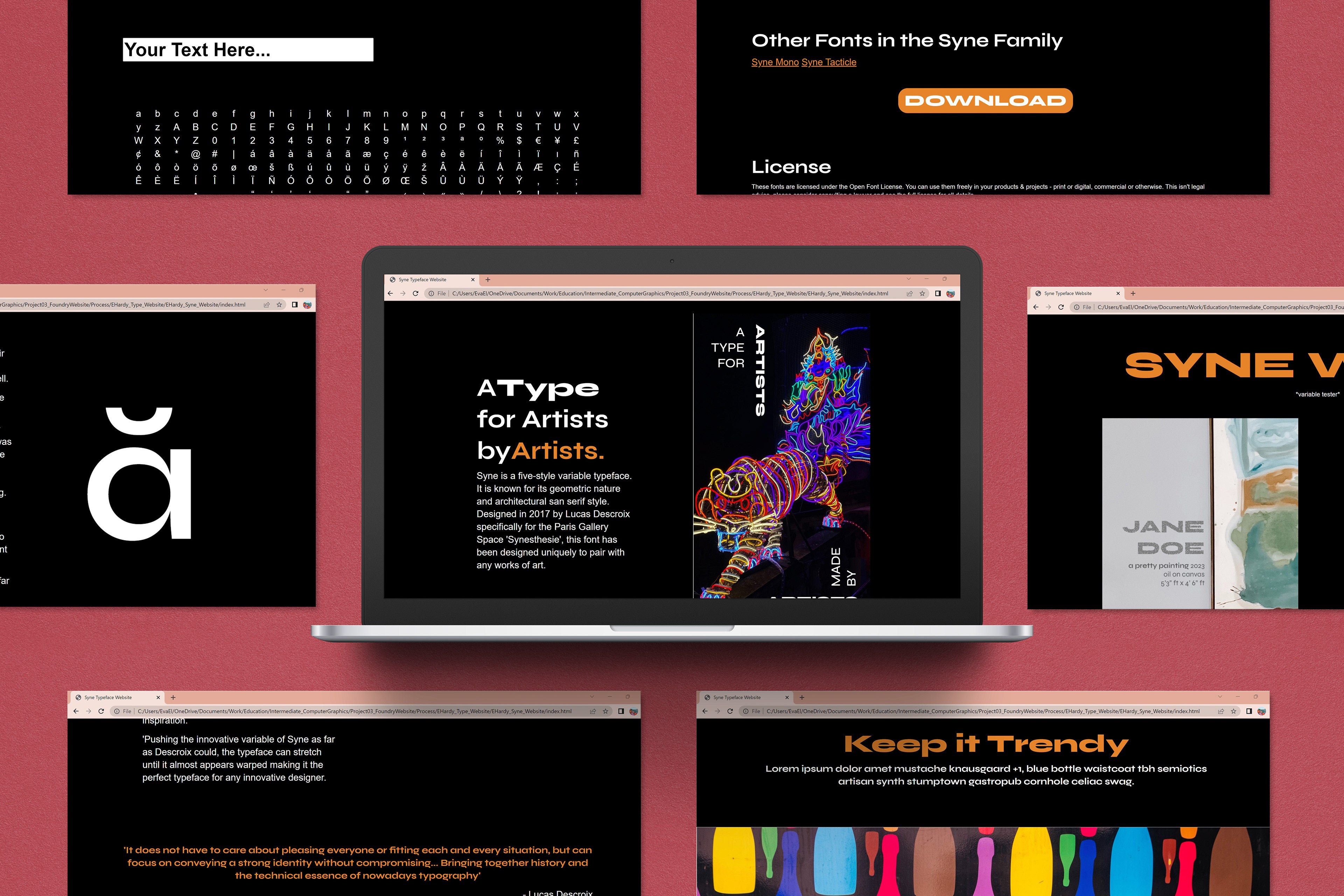 Multiple screen mockup showcasing the different pages of the Syne UX / HTML project