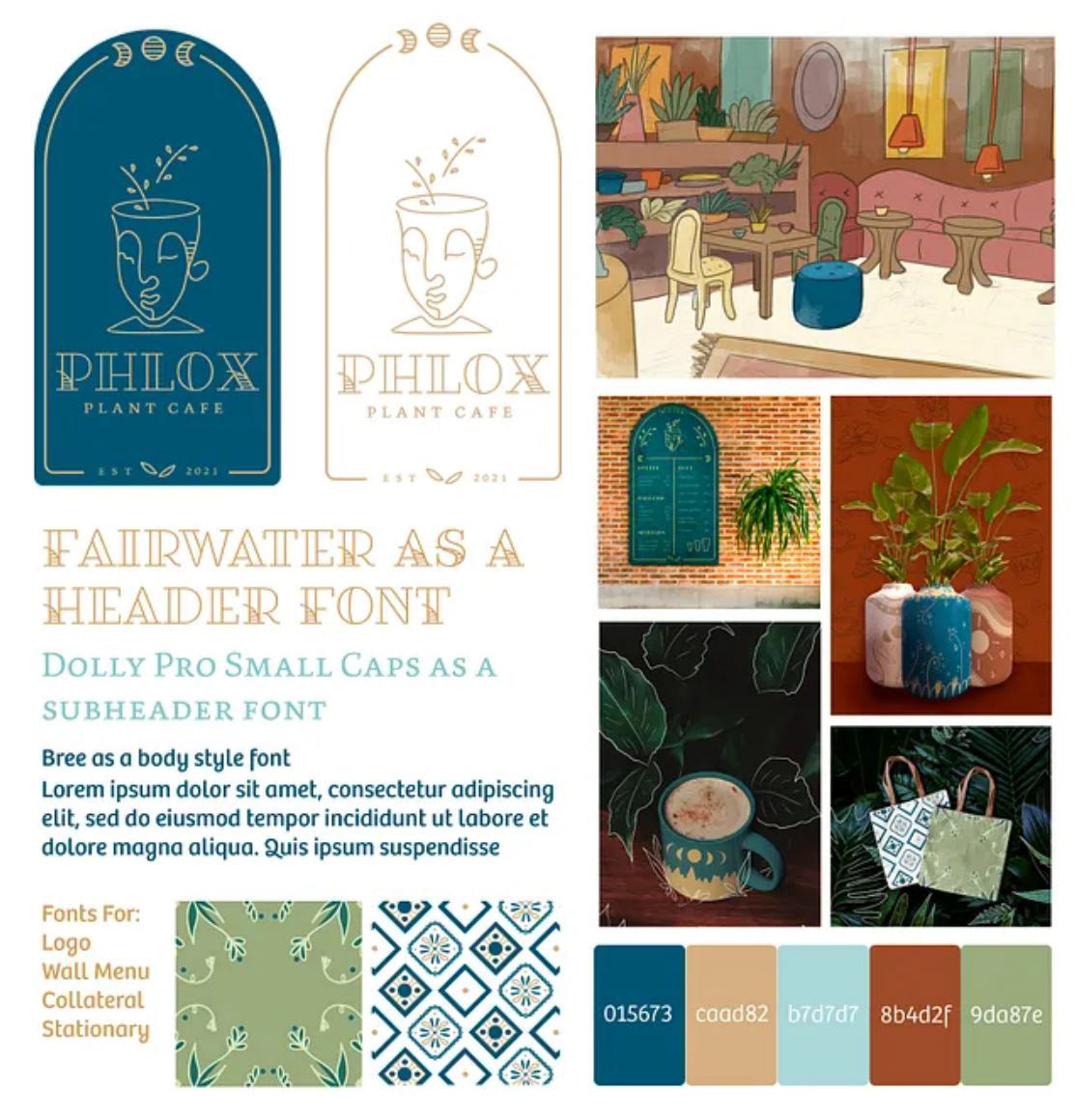 Phlox Style Tile featuring logo iterations, textures, fonts, the color palette, interior design, and marketing imagery.
