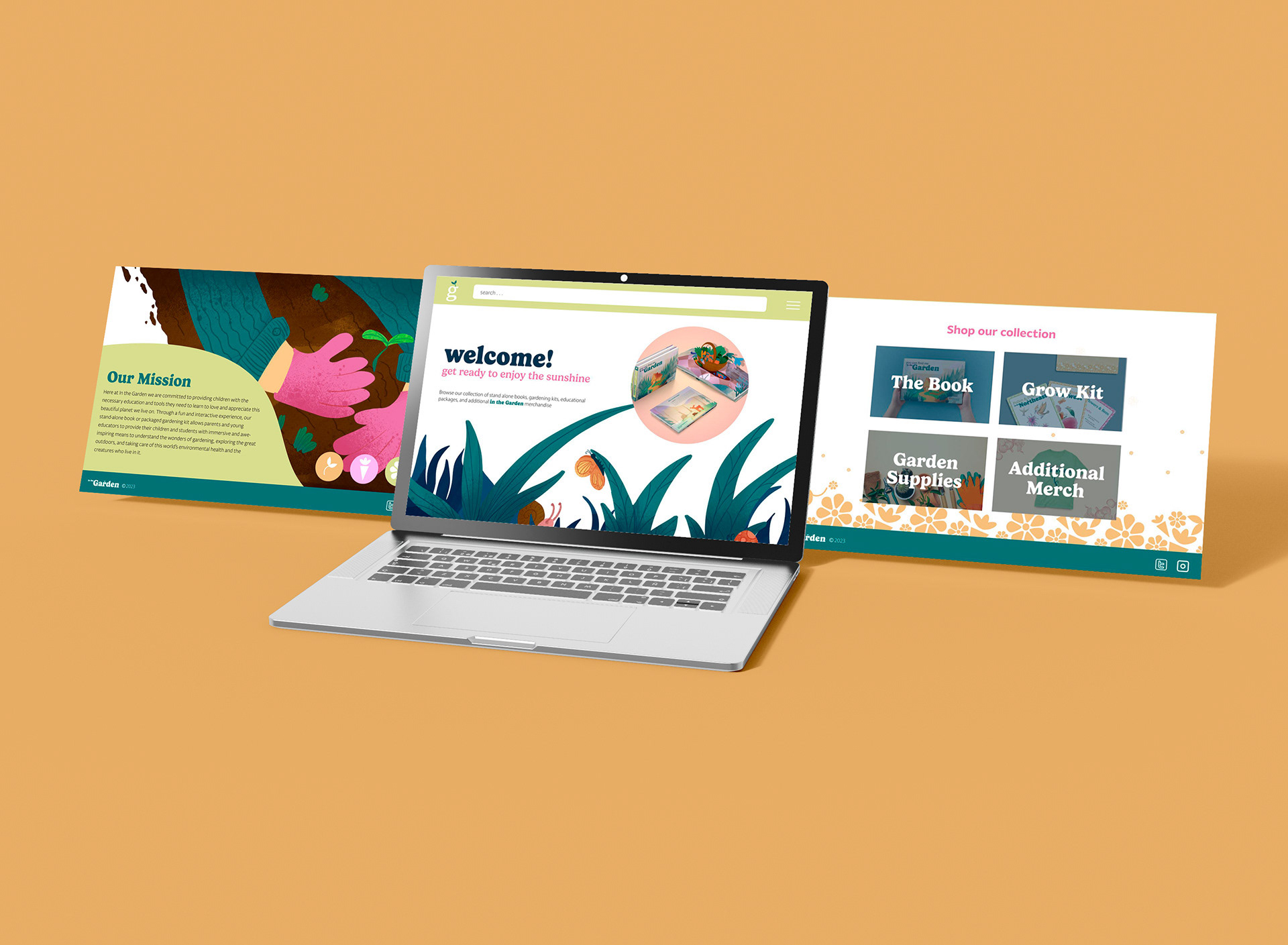 A Mockup of the Book's branded website, including an about page, welcome page, and shopping center