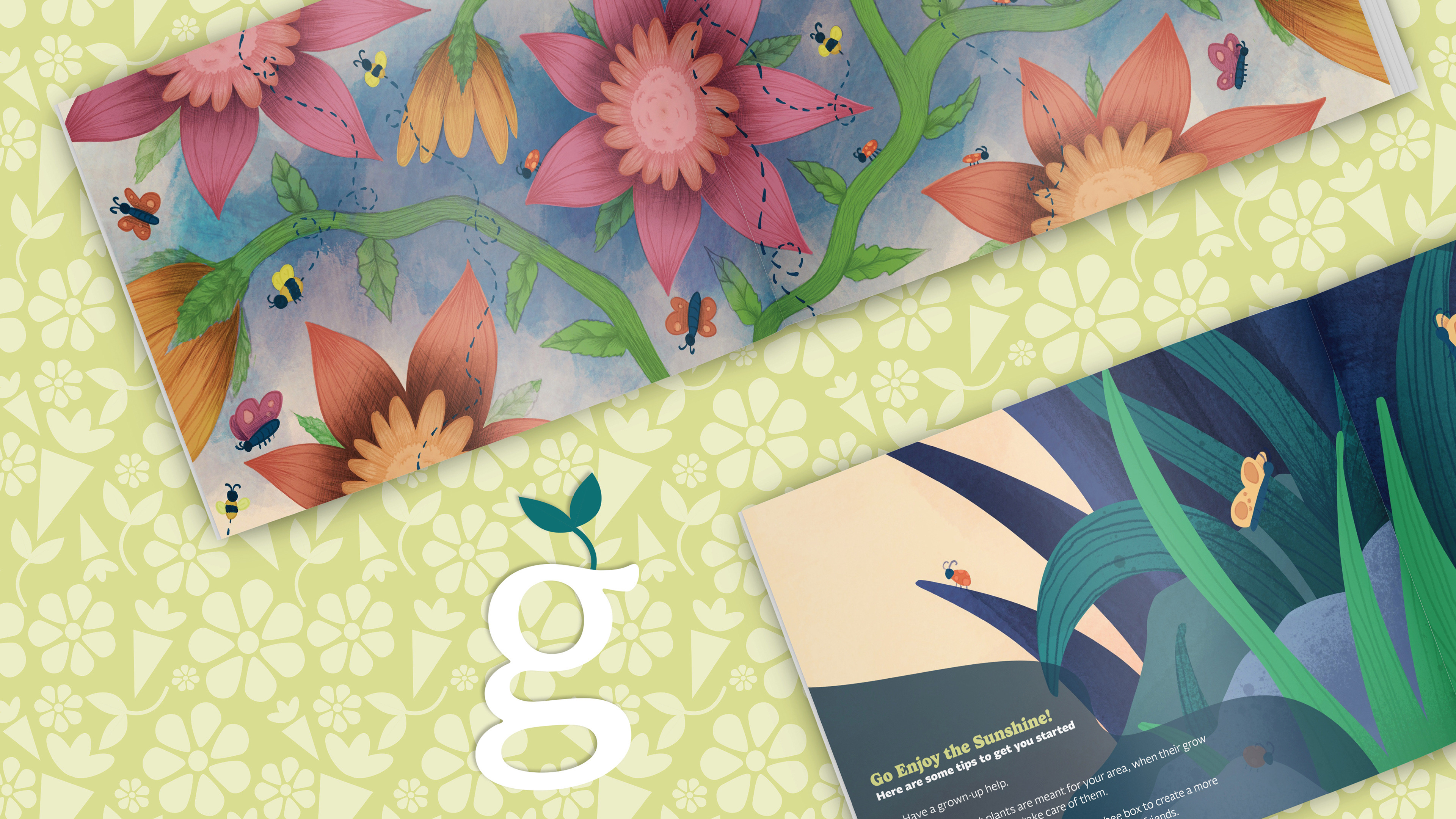 A mockup of the books end-page design, featuring bees and flowers, the logo, and a plant pattern background