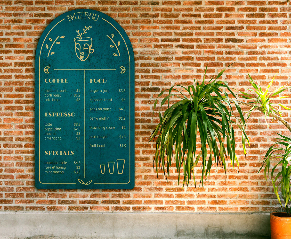 Mockup of the menu design for the cafe featuring both food and drink